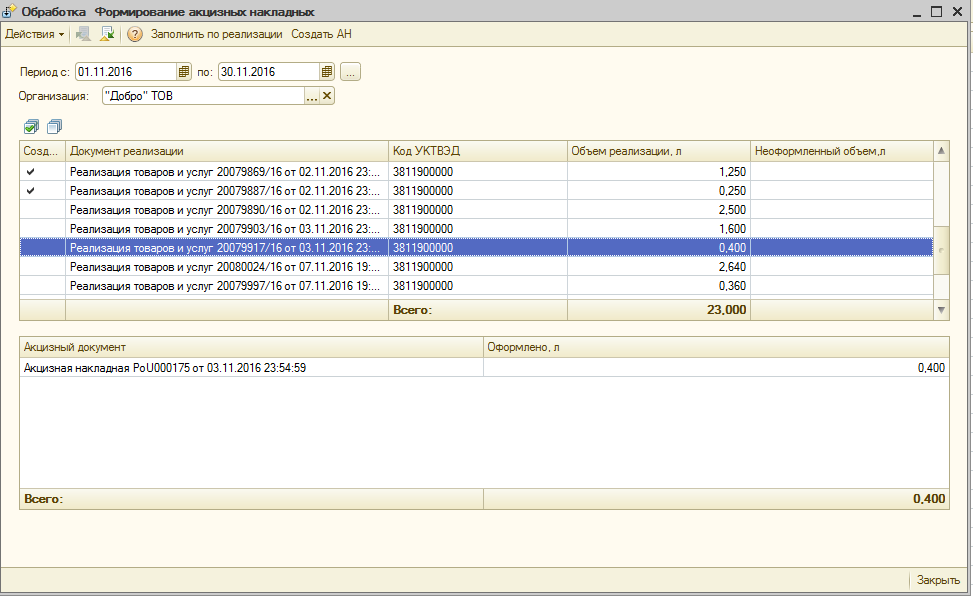 Форма обробки по формуванню акцизних накладних