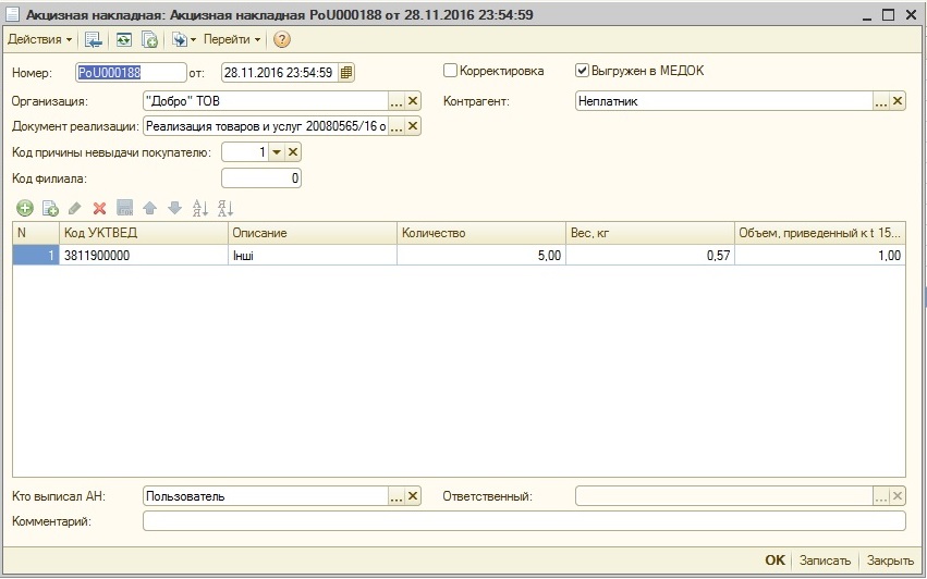 Форма документу Акцизна накладна